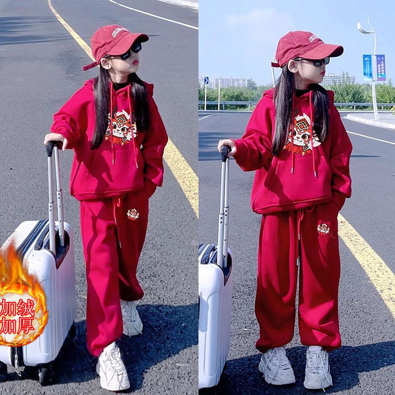 女童新年卫衣套装2023冬装新款中大童红色喜庆衣服儿童加绒拜年服