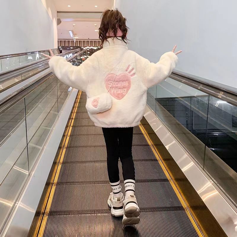 女童加绒外套2023冬季新款洋气儿童中大童女孩加厚保暖毛毛外套