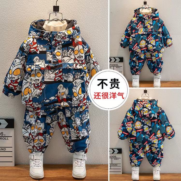 服装奥特曼男童冬季2023秋冬新款男孩加绒潮服加厚衣服儿童套装