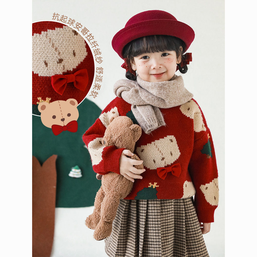 女宝宝毛衣新冬款儿童线衣加厚蝴蝶结上衣女童衣服圣诞装针织衫