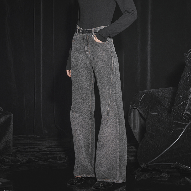 裤长109cm 秋季新款时髦暗色阔腿豹纹牛仔裤女高腰宽松高个子窄版