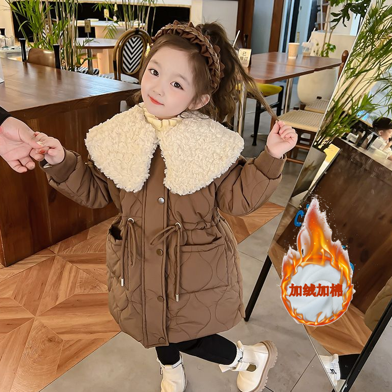 女童冬装加绒中长款棉服2023新款娃娃领派克服棉袄洋气绗线厚外套