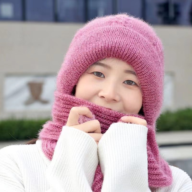 秋冬季加绒毛线帽子女加绒三件一体帽骑车保暖防风雪帽围脖帽针织