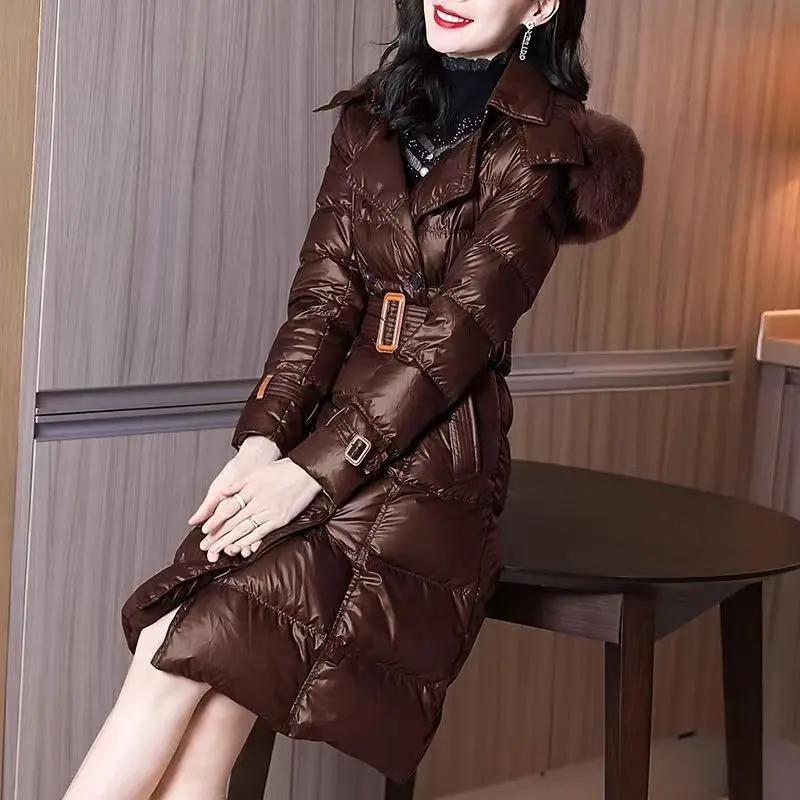 冬季羽绒服女2023上档次收腰修身白鸭绒中长款加厚外套女