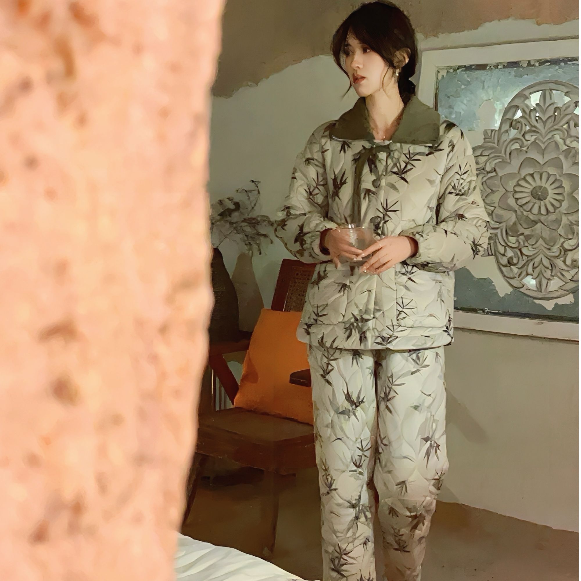 新中式国风三层夹棉加厚加绒保暖棉袄可外穿轻奢冬季女家居服套装