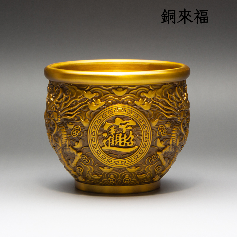麒麟缸铜缸纯黄铜米缸进宝聚米缸客厅家居工艺品摆件口径12高10cm