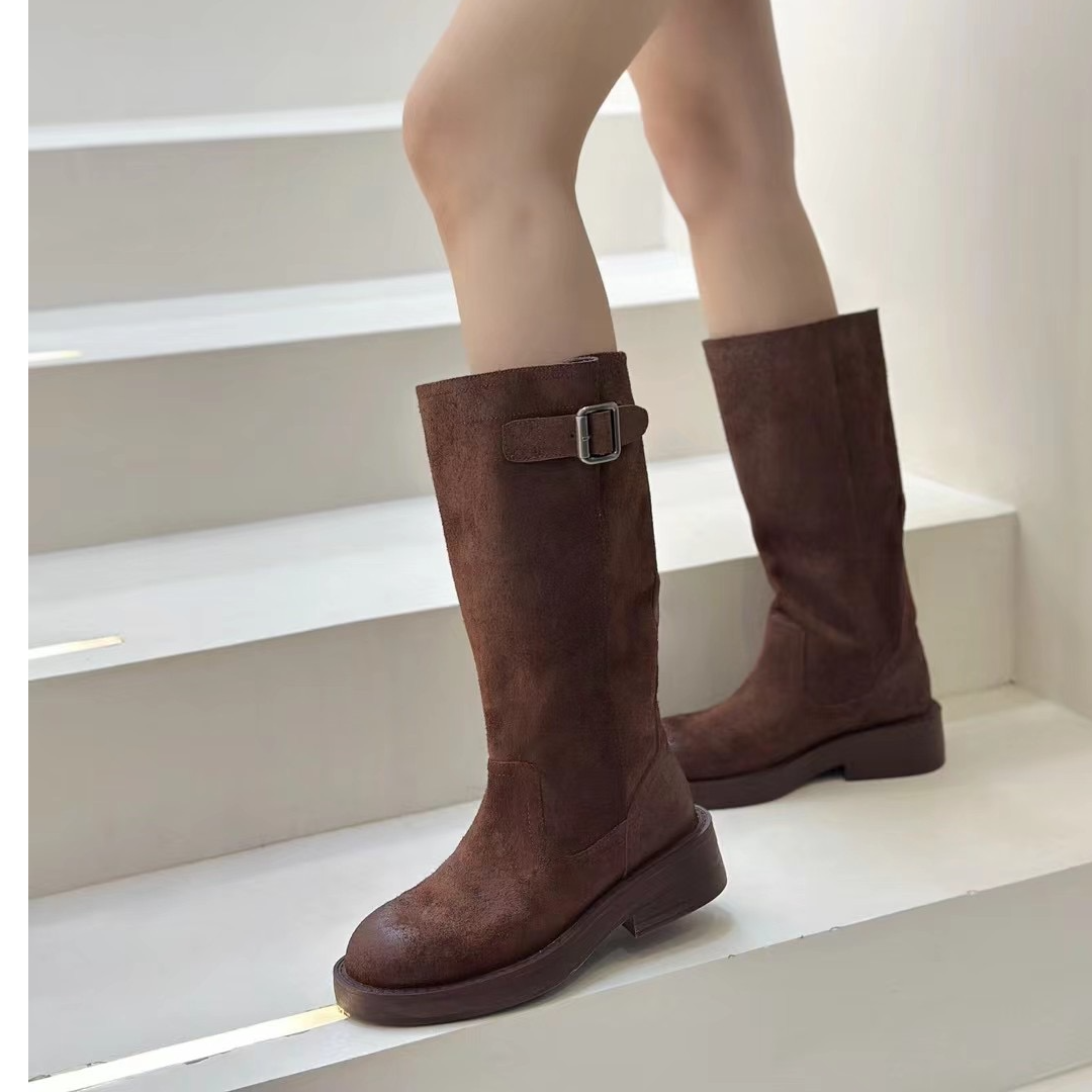 欧洲站2024西部长靴女新款厚底小个子磨砂平底高筒骑士靴