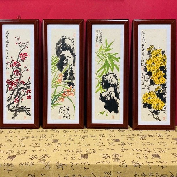 25*65cm梅兰竹菊四条屏中式新中式手绘家居装饰字画