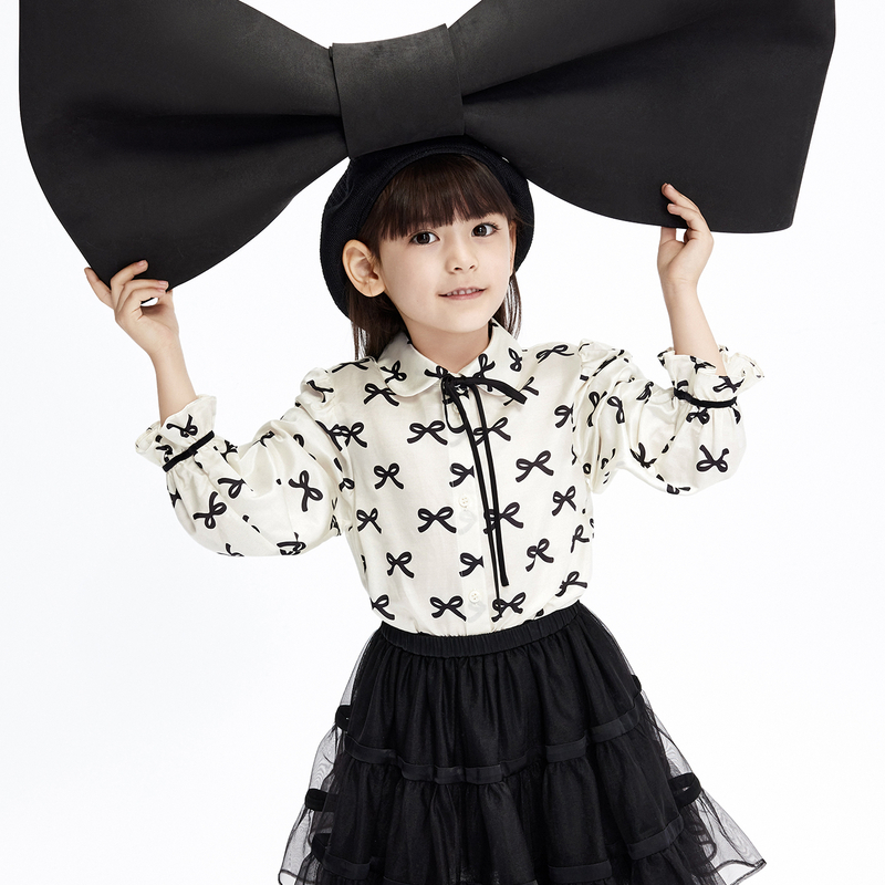 little moco童装24秋装新款女童蝴蝶结娃娃领长袖衬衫#KBC3SHT014