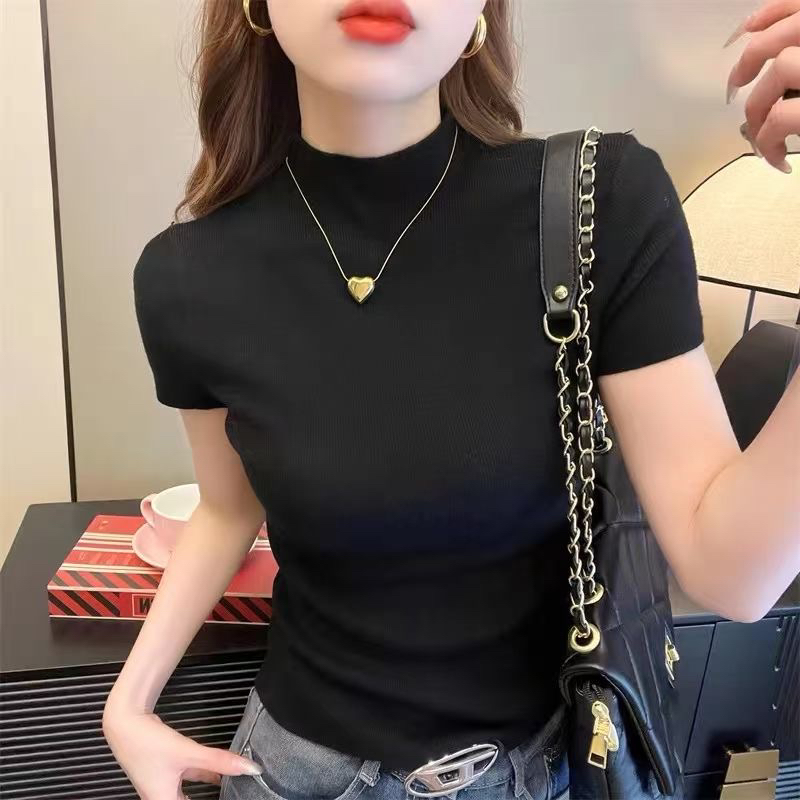 新款半高领短袖针织衫女修身显瘦打底上衣