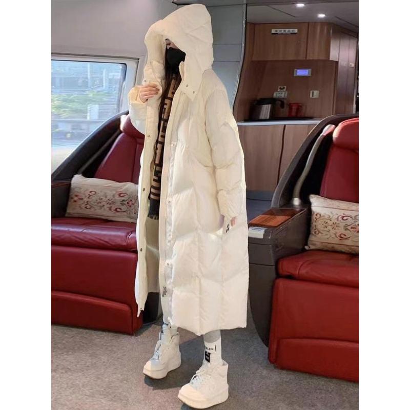 白色过膝长款棉服女2023冬装时尚设计师款连帽拉链面包服外套