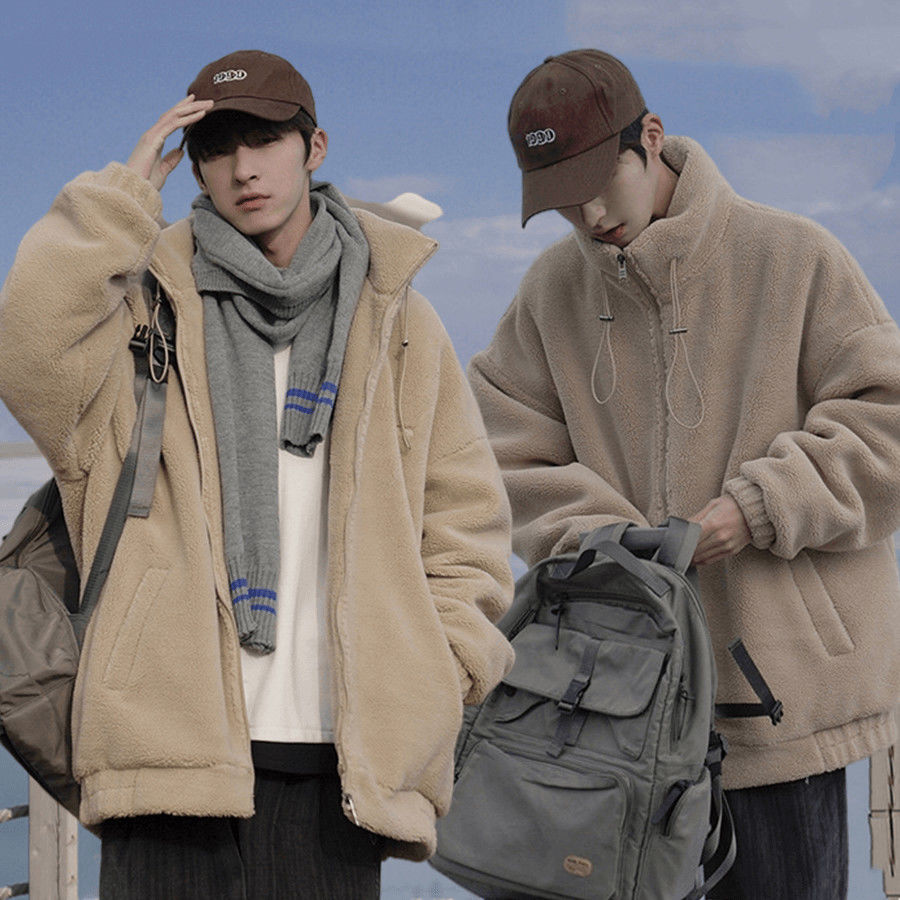 爆款韩系羊羔毛颗粒毛绒加厚冬季新潮男士保暖棉袄