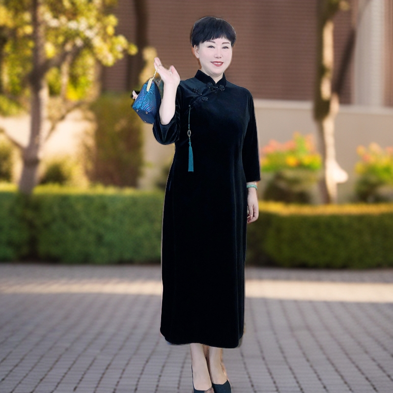 【贵妇人】秋季秋款大码旗袍200斤显瘦立领黑色八分袖中国风气质