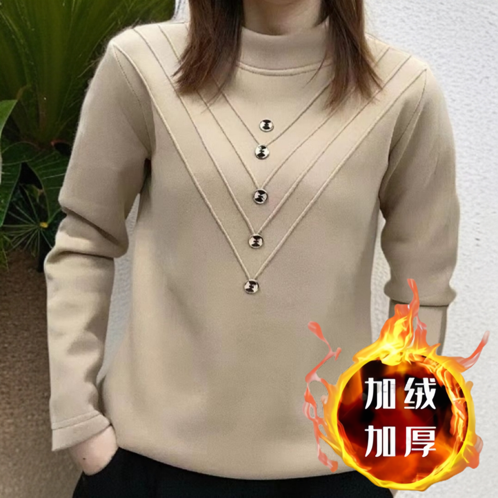 【加绒加厚】高档打底衫女秋冬大码修身保暖德绒半高领上衣