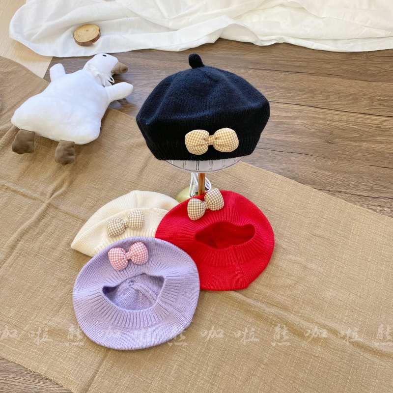 秋冬款儿童贝雷帽女宝宝帽子韩版洋气婴幼儿女童针织毛线画家帽