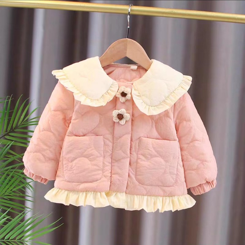 婴儿衣服秋冬新款两朵花娃娃领双口袋小棉袄超萌可爱外套