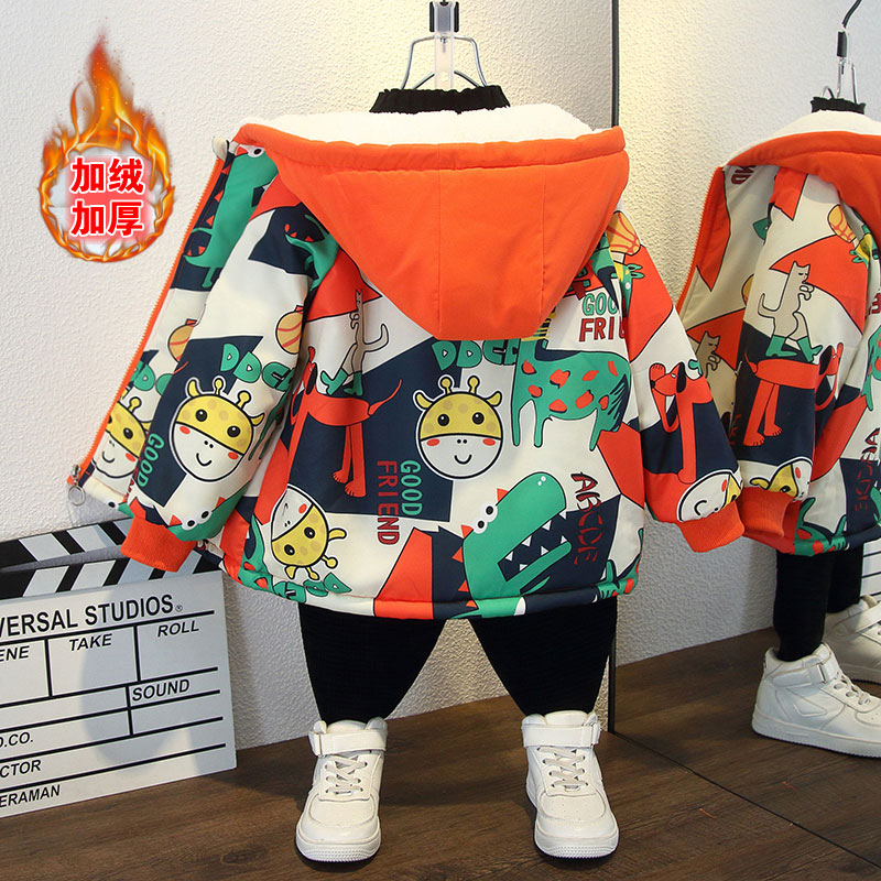 男童加绒外套2025新款儿童中大童加绒加厚棉服棉衣女孩洋气中长款