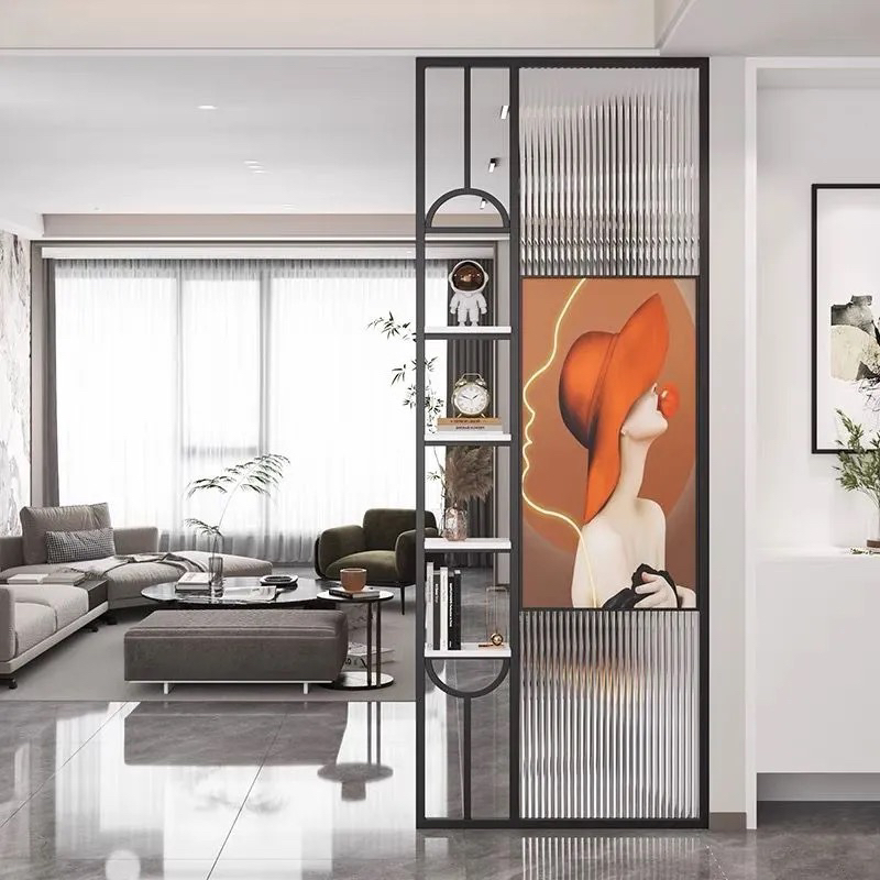 艺术玻璃置物架屏风客厅入户门玄关铁艺轻奢半墙隔断玻璃屏风