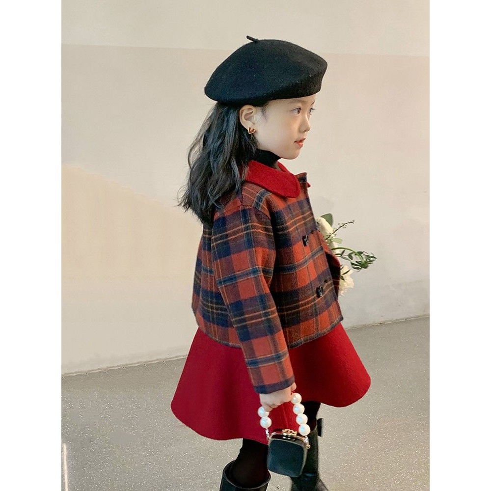 女童套装秋冬装2023新款中小儿童拜年服加厚呢子外套背心裙两件套