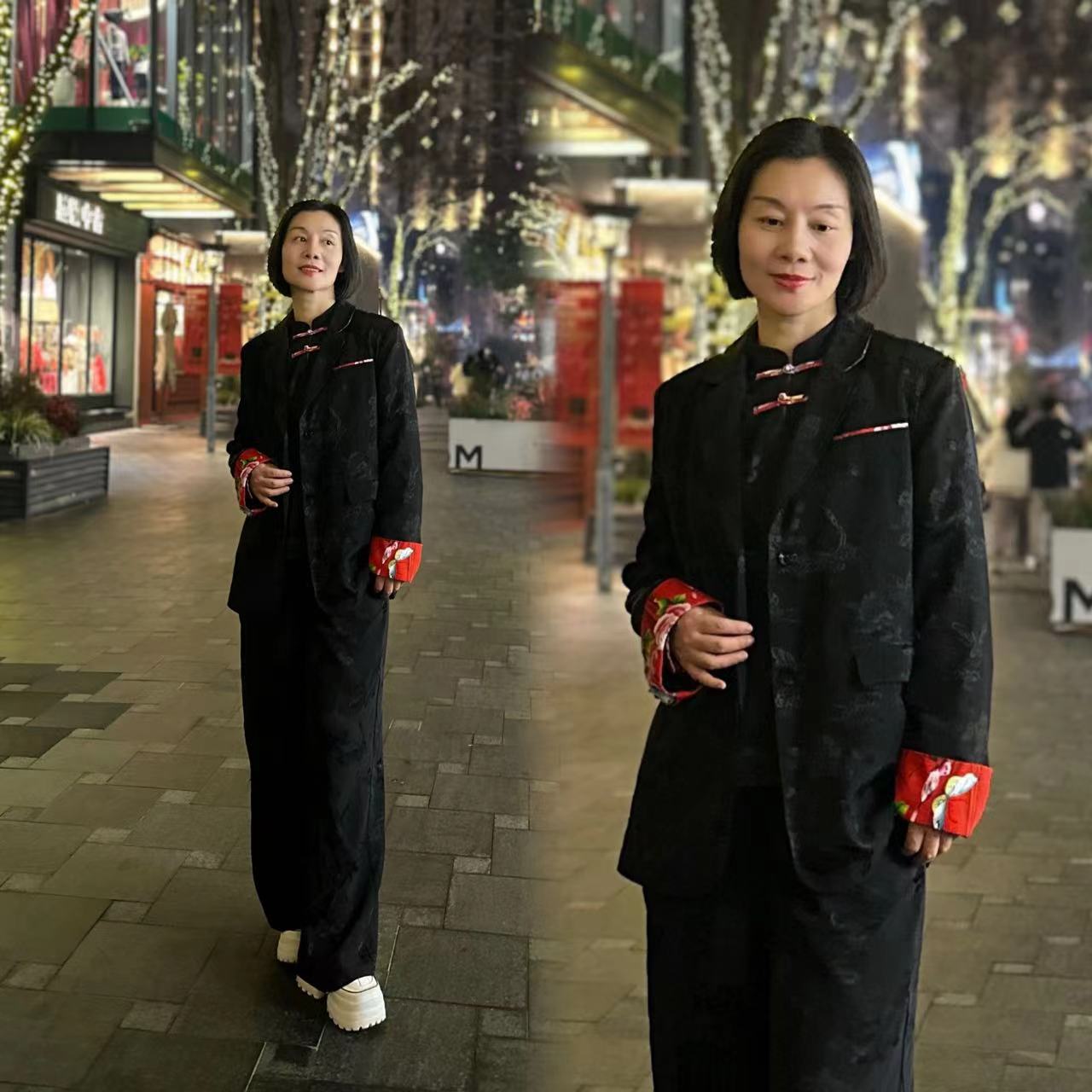 【蝶恋花】黑色丝棉东北大花拼接双层西服
