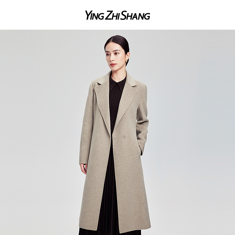 赢智尚高档绵羊毛浅燕麦色小A型长款毛呢大衣2024秋冬新款ZL00324
