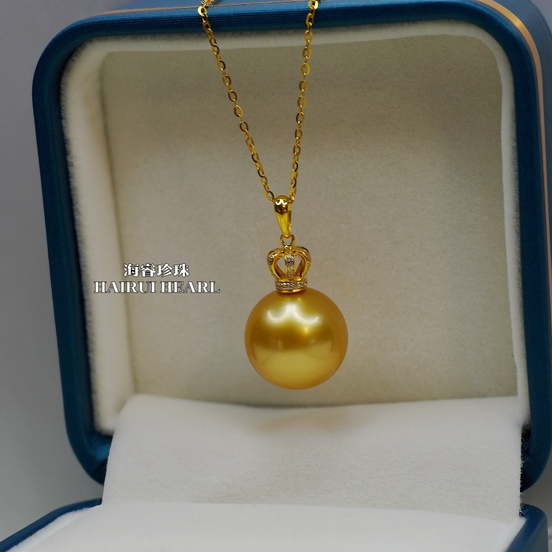 正宗海水天然南洋金珠时尚百搭款吊坠18k金镶嵌浓金强光圆形14~15