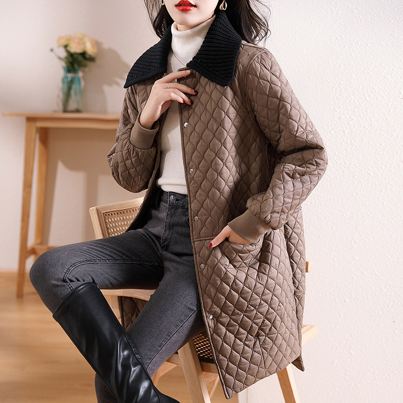 2025年新款中长款宽松韩版外套夹棉刺绣二棉服针织领时尚秋冬外套