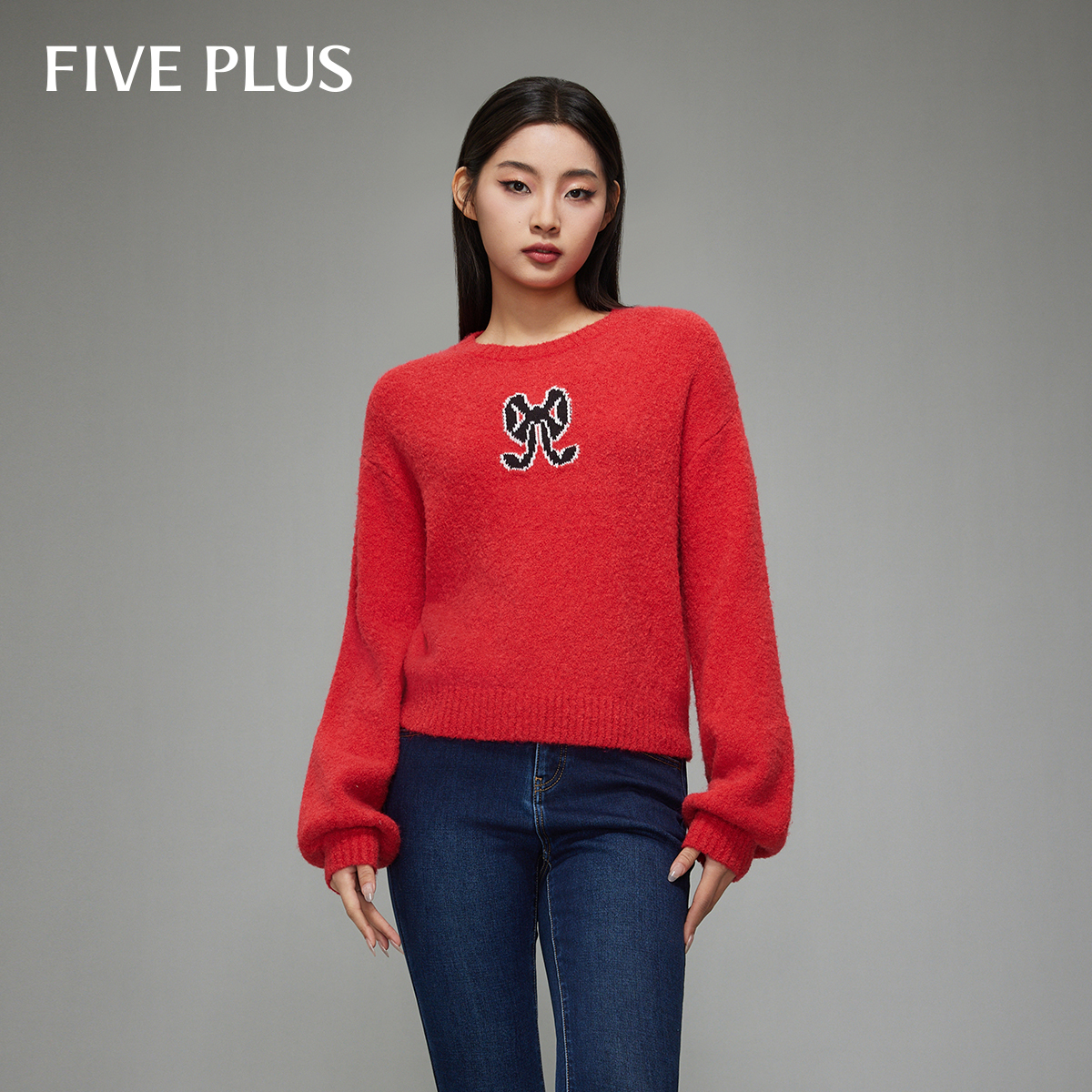 【商场同款】FIVE PLUS长袖针织衫灯笼袖软糯肌理感圆领2TE403