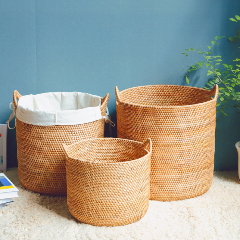 越南秋藤纯手工编织家用藤编脏衣篮植物真藤衣服收纳筐圆形脏衣桶