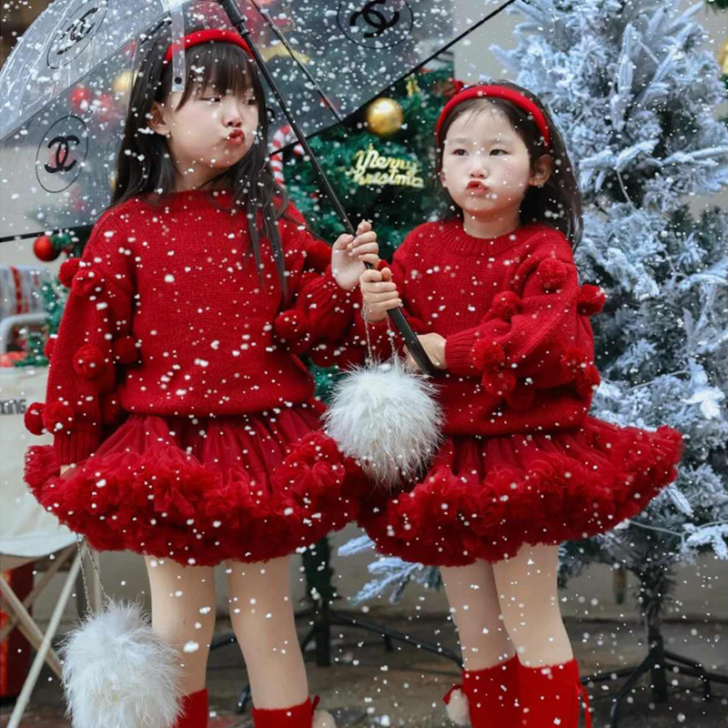 女童手工毛球毛衣女宝宽松套头毛衣针织上衣2024秋冬新款可爱洋气