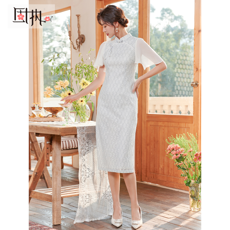固执夏季新款短袖蕾丝旗袍中长连衣裙30432QP07861气质