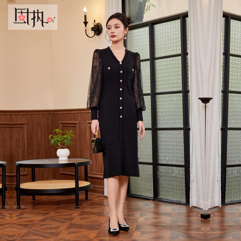 固执秋季新款气质网纱长袖拼接针织中长连衣裙00033LQ08421