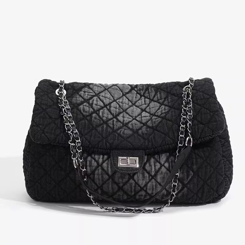 SHUANGER小众设计2025新款水墨染牛仔流浪包菱格链条大容量单肩包