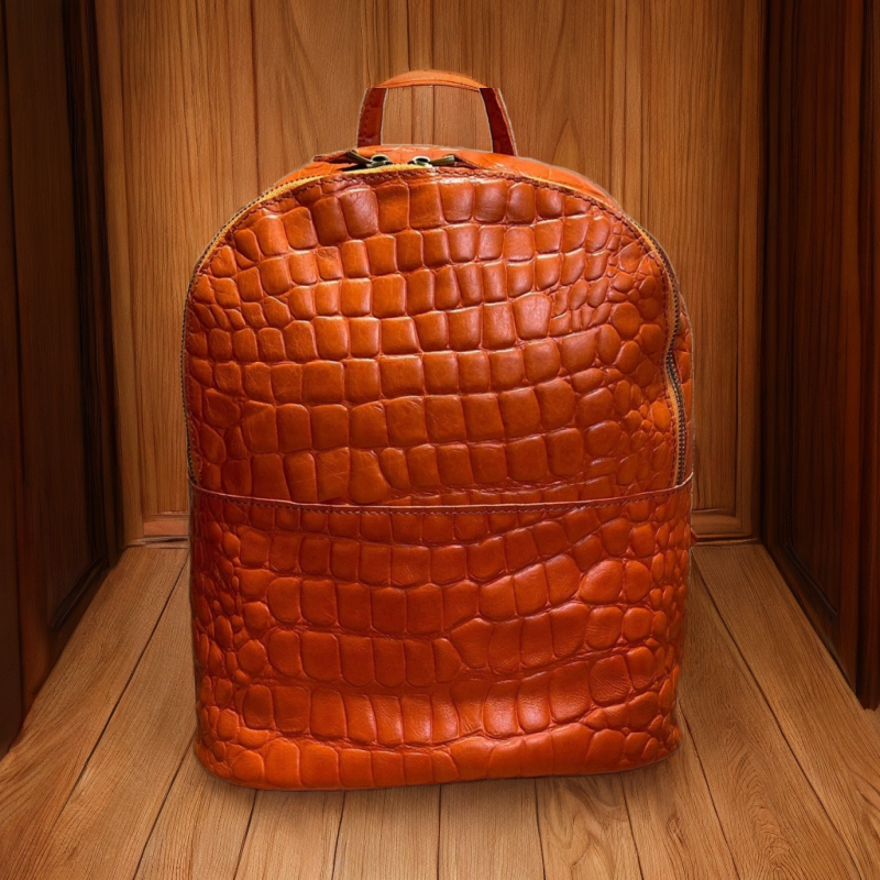 手工鳄鱼皮纹高光植鞣拱珠牛皮女士双肩背包真皮