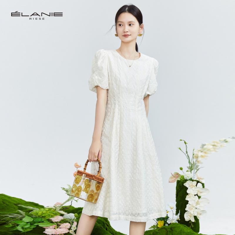【三姐妹】依兰 新款圆领a字中长款钩花莱赛尔连衣裙 E21W5D08L3