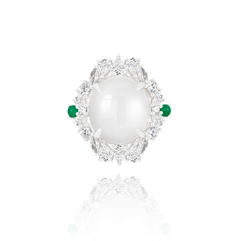 925银戒指 蛋面白髓纯银不掉色豪镶满钻高定设计款戒指女款精致