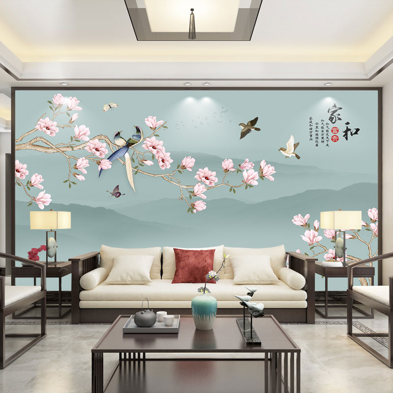 定制现代中式花鸟山水壁画布客厅沙发电视背景墙无缝影视墙8D立体