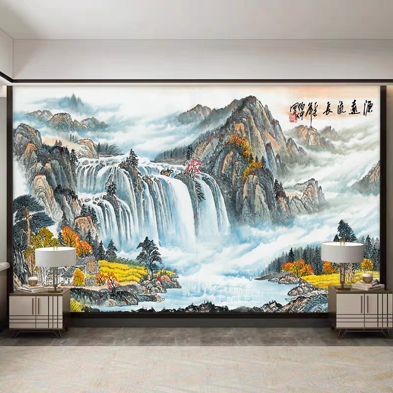 定制中式山水壁画电视背景墙8D立体客厅沙发装饰壁画影视墙布