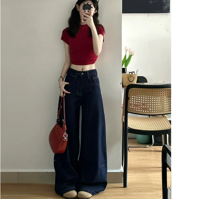 【运费补贴5-8元】韩系简约深蓝阔腿牛仔裤女新款宽松拖地裤子1110#
