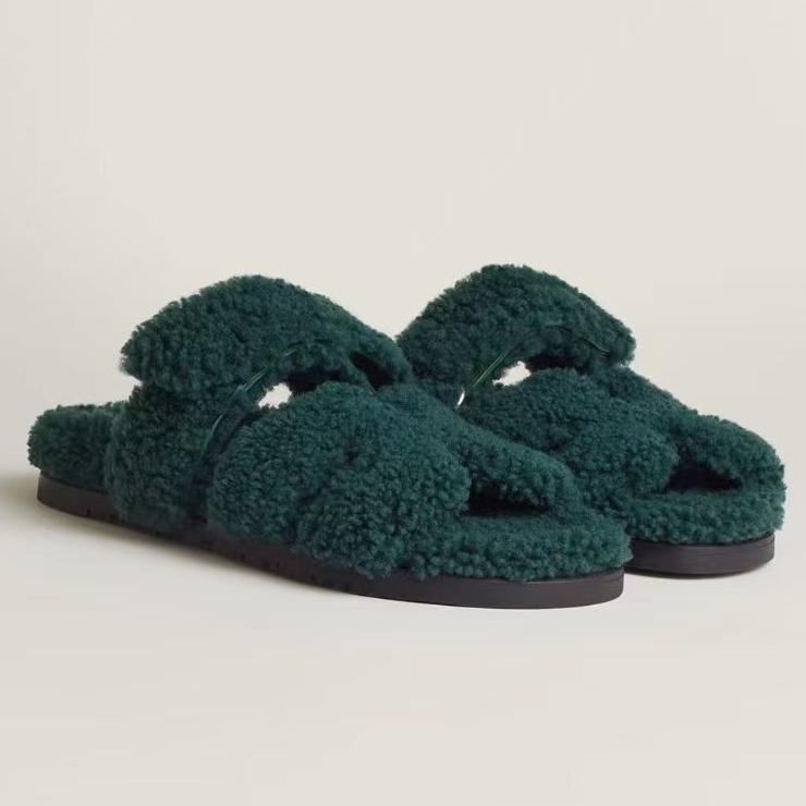 未使用 Hermes/爱马仕 绿色泰迪毛魔术贴二舅拖鞋35.5