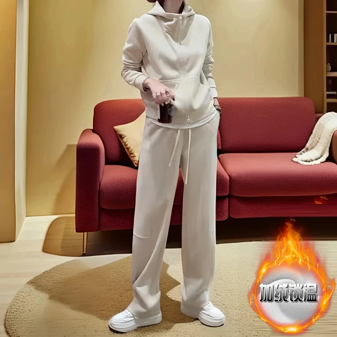 冬季搭配一整套韩系简约纯色连帽卫衣女高腰休闲显瘦松紧腰阔腿裤