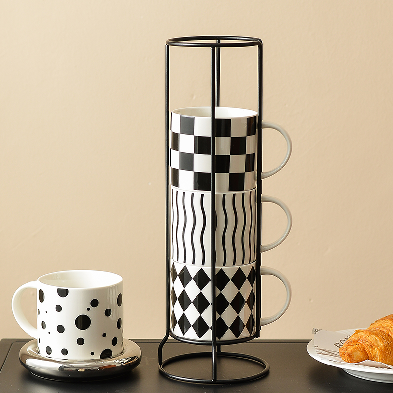 高档美式棋盘格马克杯家用办公室陶瓷咖啡杯子高颜值复古水杯茶杯