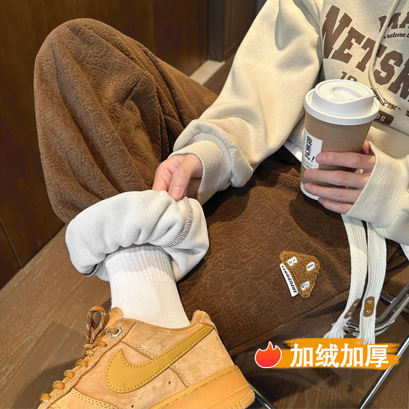 加绒加厚直筒休闲长裤子男士秋冬季2023新款男生时尚潮牌宽松卫裤