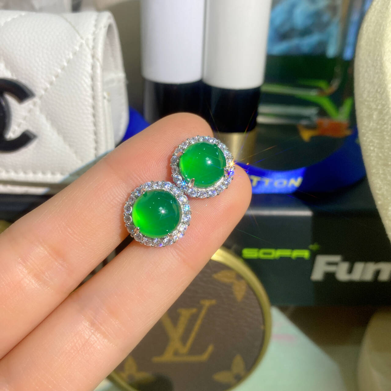 925银合成锆石耳饰 厚镀1MIL绿色好圆的圆太阳气质耳钉dois12