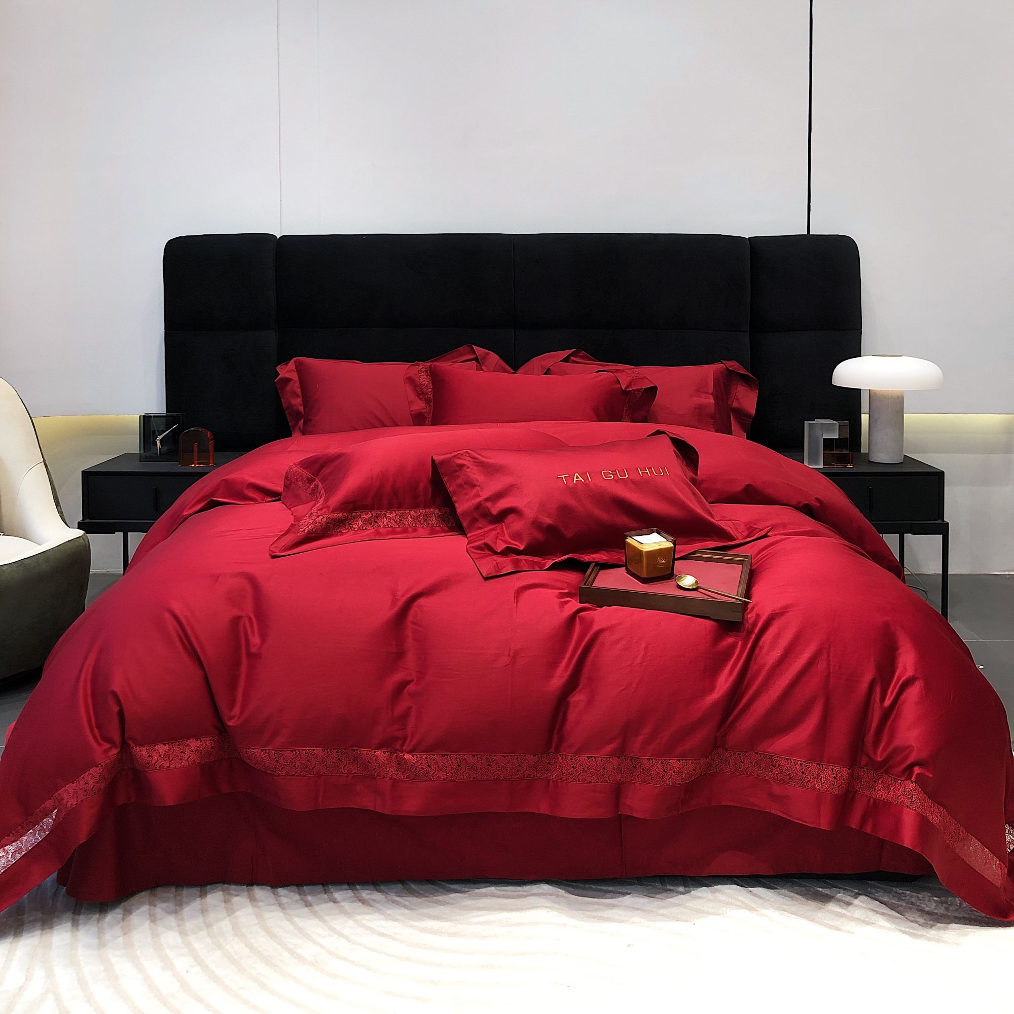 【缙铂】新款纯棉婚庆款四件套简约酒红色结婚喜庆轻奢床上用品
