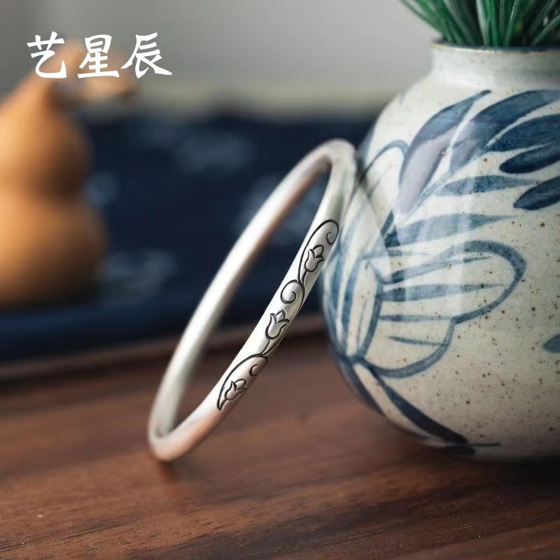足银手镯 铃兰手镯女999足银手工开口闭口复古文艺手工细手环刻字