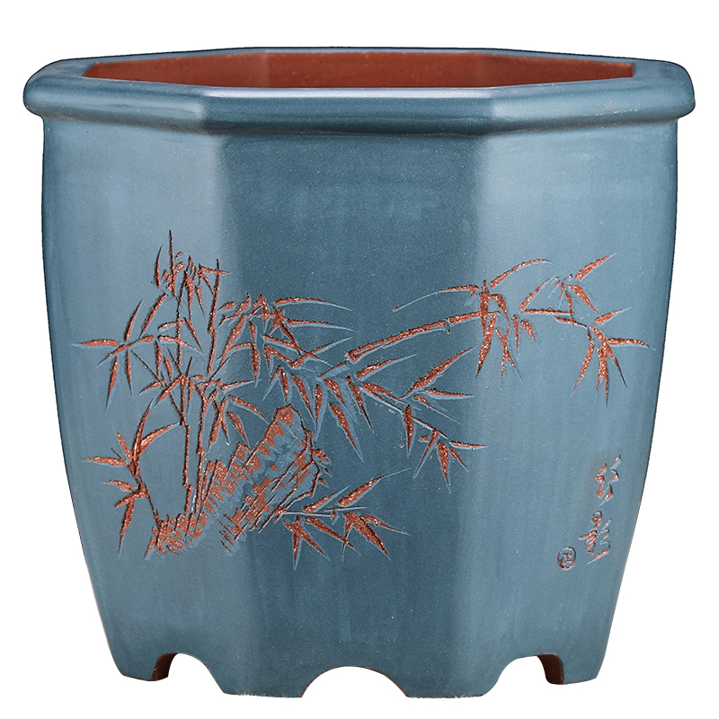 宜兴原矿精品刻绘八方兰花盆