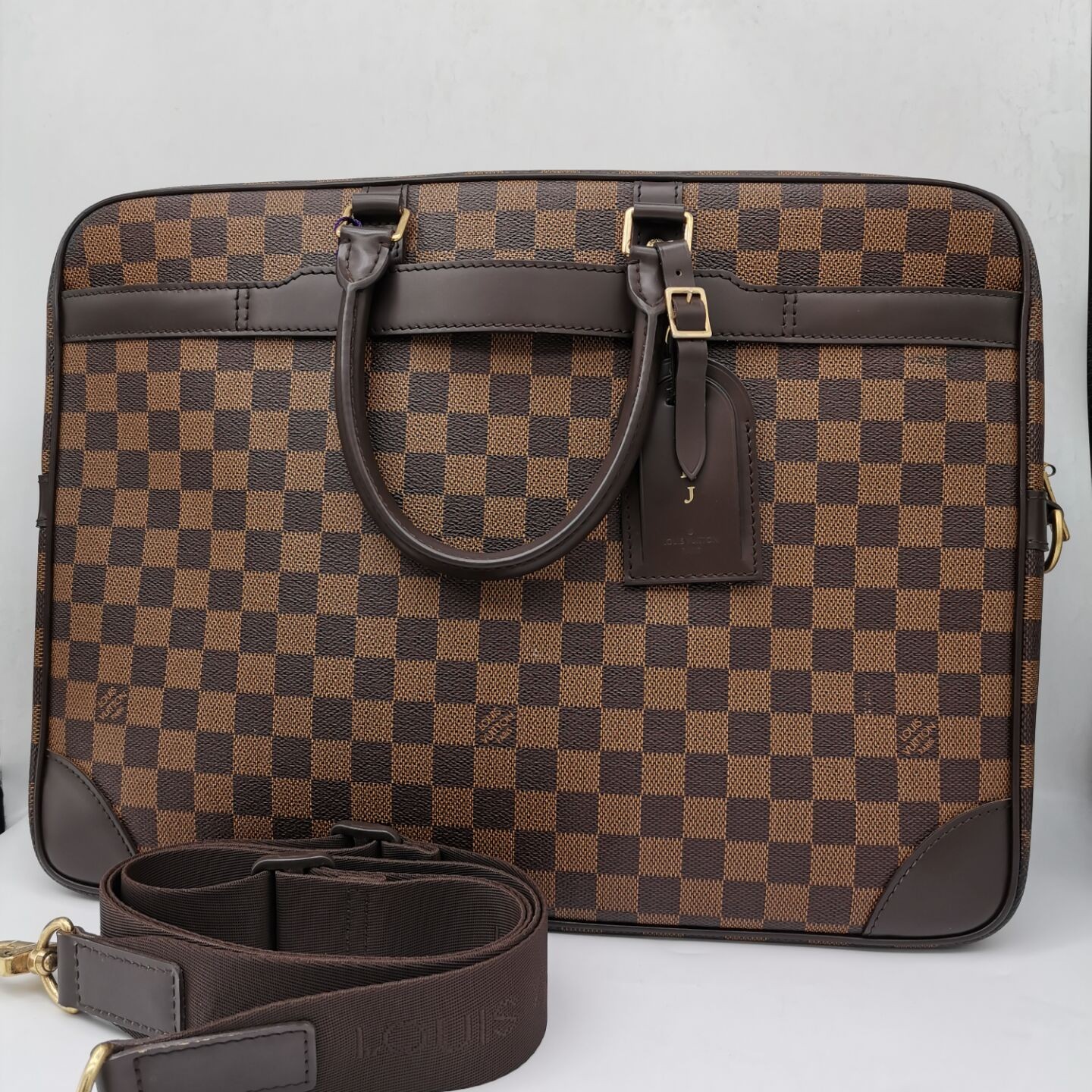 95新 LouisVuitton/路易威登 卡梵14074 95新 棕棋盘格手提公文包