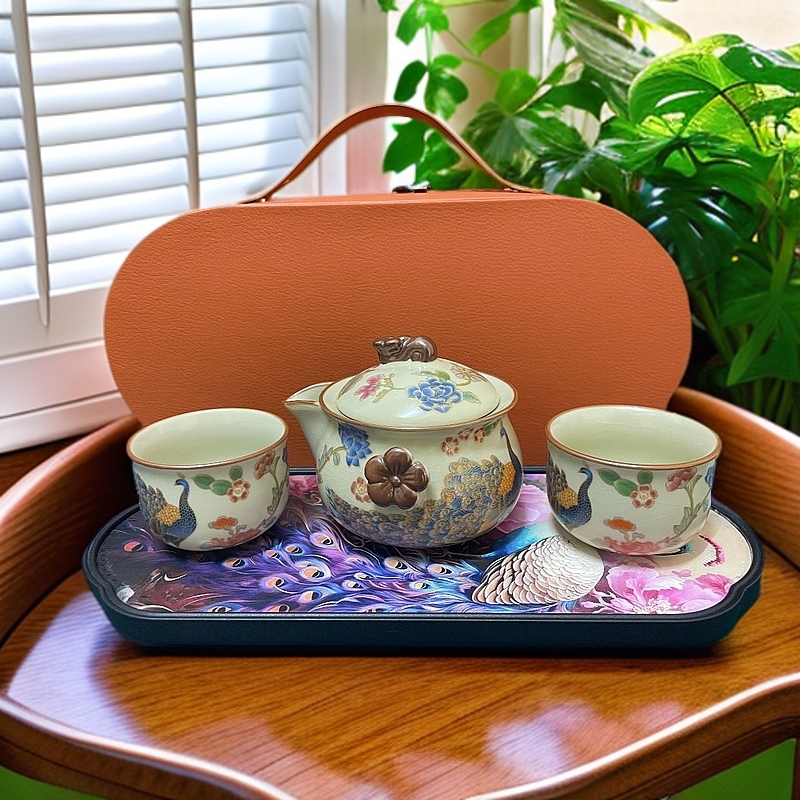 如意孔雀茶具旅行一壶两杯带包