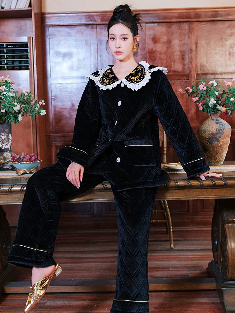 原创丝绒刺绣撞色三层加厚夹棉睡衣两件套宽松加绒家居服套装冬新